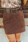 Brown Suede Stretch High Waisted Studded Skirt - Broken horn