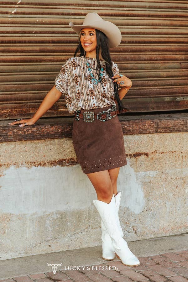 Brown Suede Stretch High Waisted Studded Skirt - Broken horn