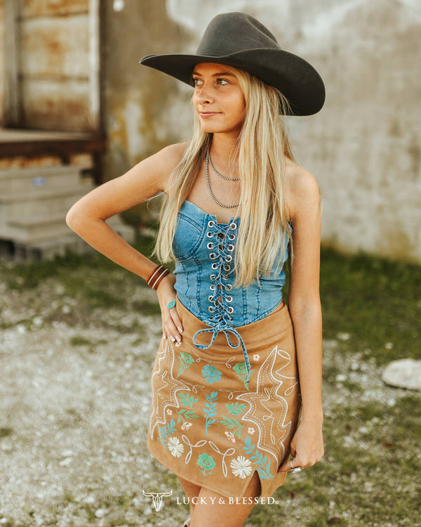 Camel Stretch Suede Aztec Floral Embroidered Skirt - Broken horn