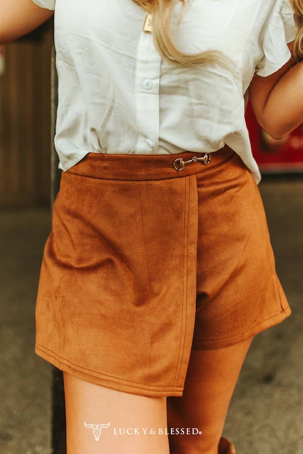 Camel Suede Stretch Wrap Skort W Front Horse Bit Buckle - Broken horn