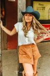 Camel Suede Stretch Wrap Skort W Front Horse Bit Buckle - Broken horn