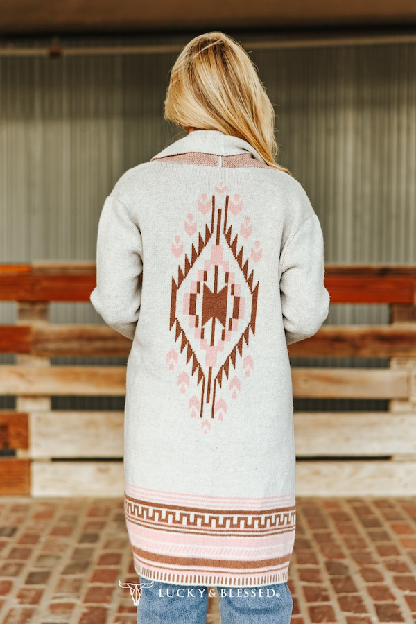Ivory Soft Pink Aztec Long Sleeve Knitted Cardigan - Broken horn