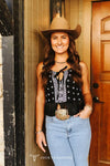 Black Ivory Aztec Spaghetti Strap Front Tie Fringe Top - Broken horn