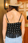 Black Ivory Aztec Spaghetti Strap Front Tie Fringe Top - Broken horn