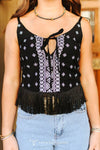 Black Ivory Aztec Spaghetti Strap Front Tie Fringe Top - Broken horn