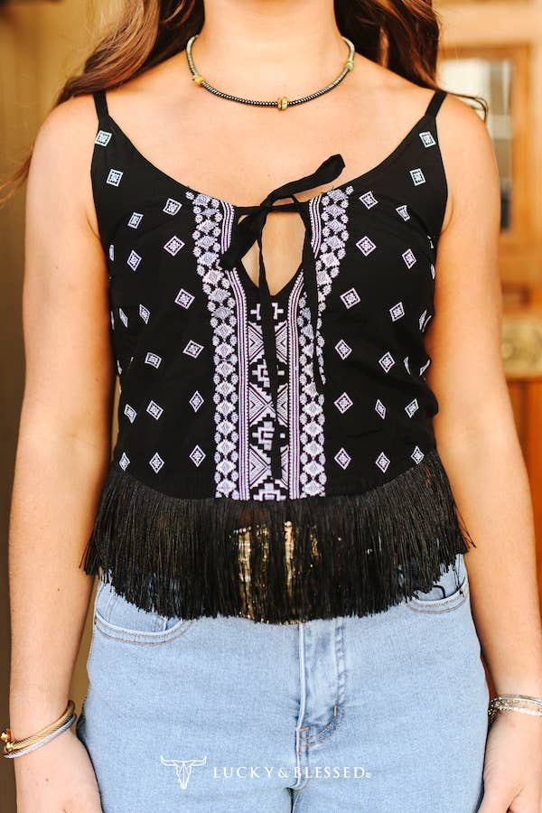 Black Ivory Aztec Spaghetti Strap Front Tie Fringe Top - Broken horn