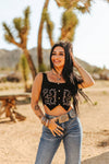 Stretch Suede Boot Stitch Concho Buttons Corset Top - Broken horn