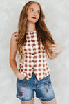 Beige Square Checkered Western Pearl Snap Button Down Vest - Broken horn