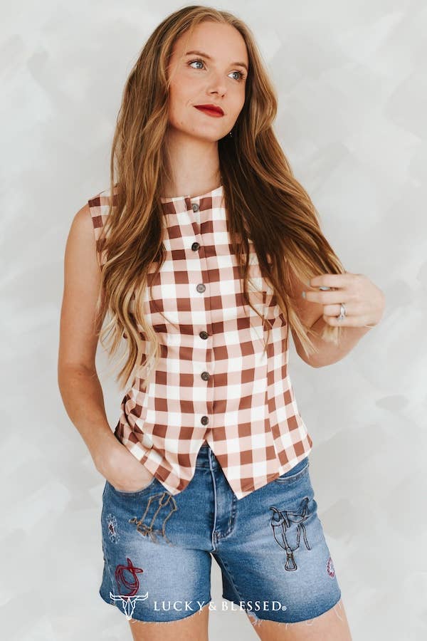 Beige Square Checkered Western Pearl Snap Button Down Vest - Broken horn