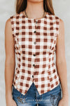 Beige Square Checkered Western Pearl Snap Button Down Vest - Broken horn