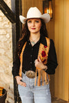 Camel Stretch Suede Studded Floral Embroidered Fringe Vest  - Broken horn