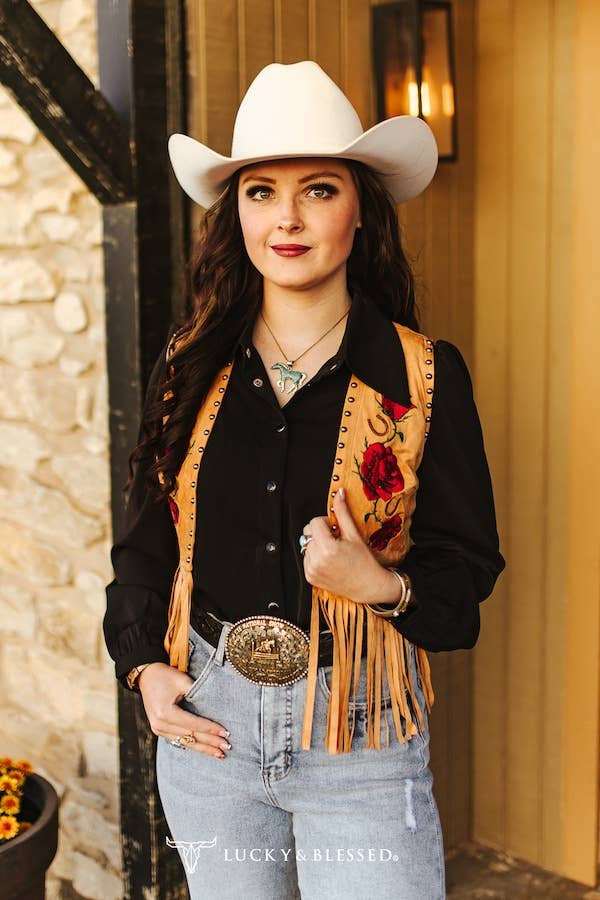 Camel Stretch Suede Studded Floral Embroidered Fringe Vest  - Broken horn