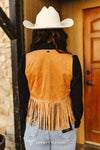 Camel Stretch Suede Studded Floral Embroidered Fringe Vest  - Broken horn