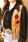 Camel Stretch Suede Studded Floral Embroidered Fringe Vest  - Broken horn