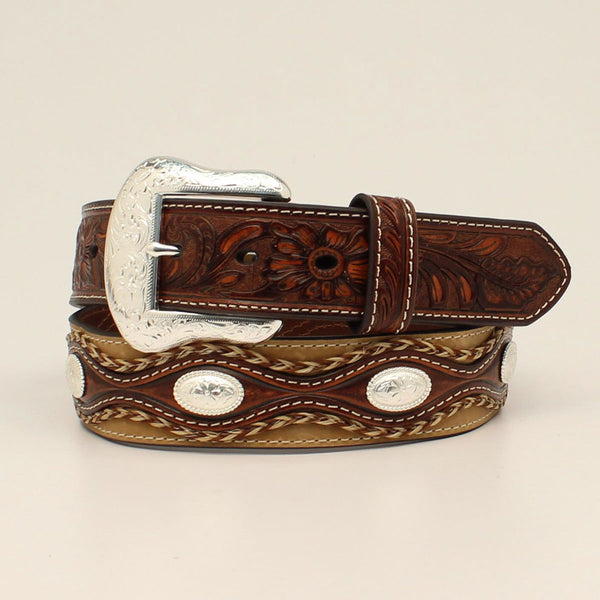 Nocona Men Belt Embossed Tabs Oval Conchos Tan - Broken horn