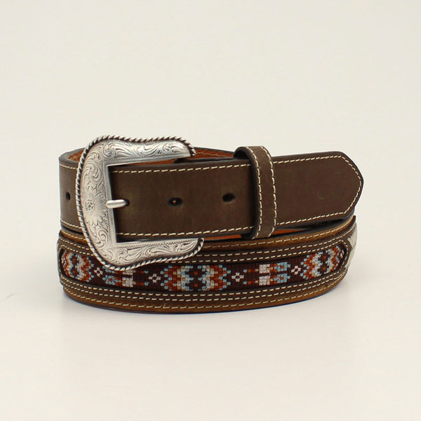 Nocona Mens Belts Southwest Pattern Inlay Round Concho Brown - Broken horn