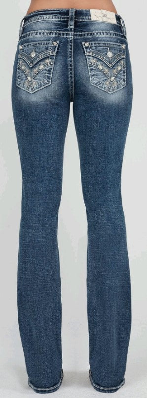 Mid-Rise Bootcut Miss Me Jeans with Faux back Pocket - Broken horn