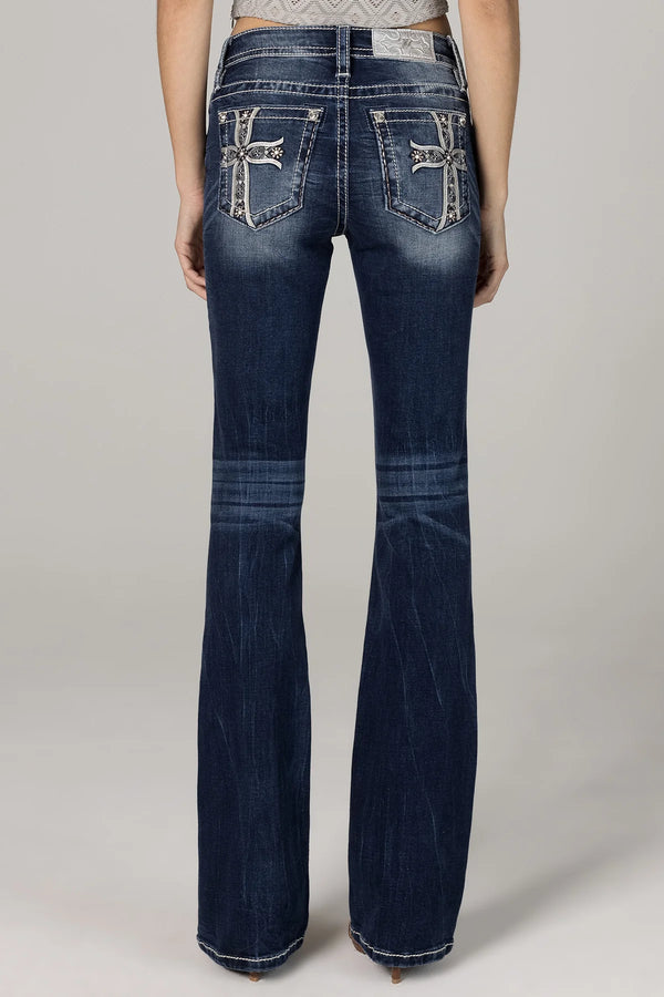 Miss Me Mid Rise Boot Cut Jean - Cross - Broken horn