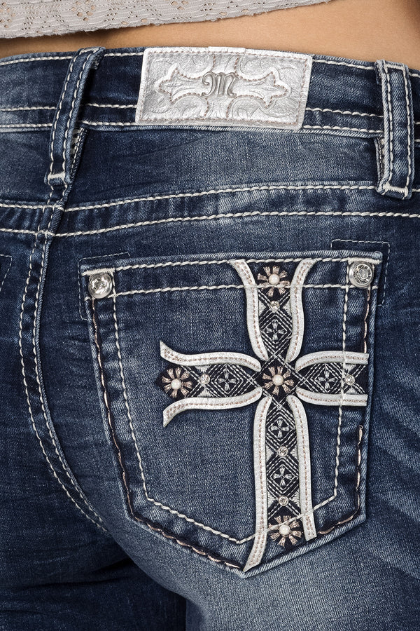 Miss Me Mid Rise Boot Cut Jean - Cross - Broken horn
