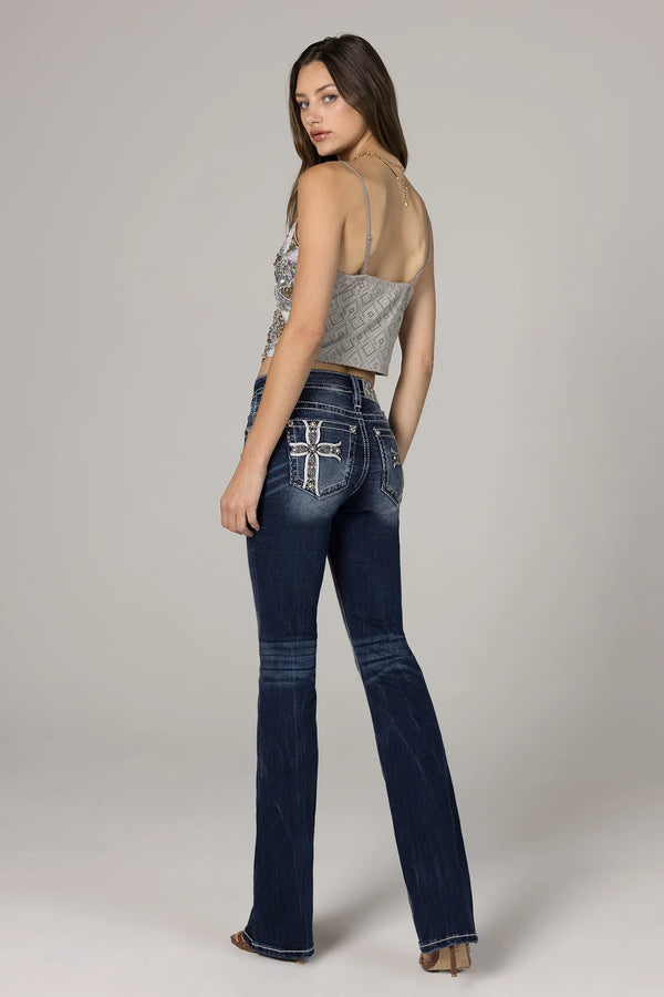 Miss Me Mid Rise Boot Cut Jean - Cross - Broken horn