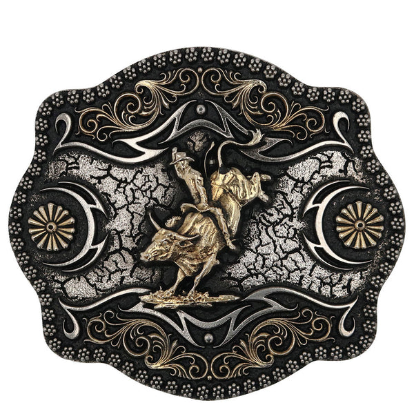 A-Blaze Filigree Framed Bull Rider Attitude Belt Buckle - Broken horn