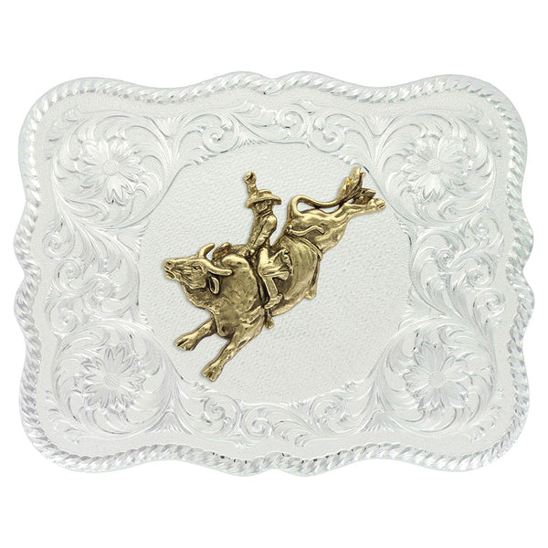 Scalloped Silver Western Belt Buckle with Bull Rider - Broken horn