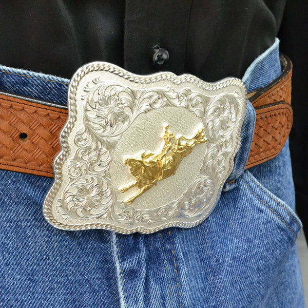 Scalloped Silver Western Belt Buckle with Bull Rider - Broken horn