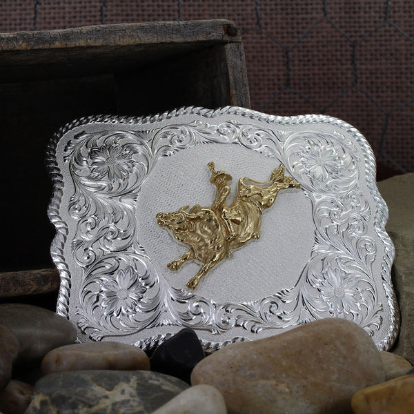 Scalloped Silver Western Belt Buckle with Bull Rider - Broken horn