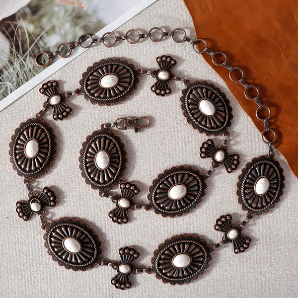 Rustic Couture Etched Silver Oval Stone Centered Concho Link Chain Belt - Broken horn