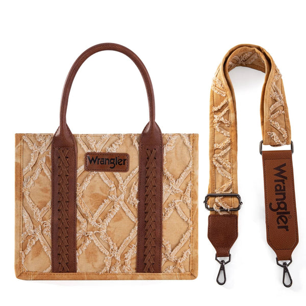Wrangler Denim Denim Frayed Fringe Canvas Tote/Crossbody - Brown - Broken horn