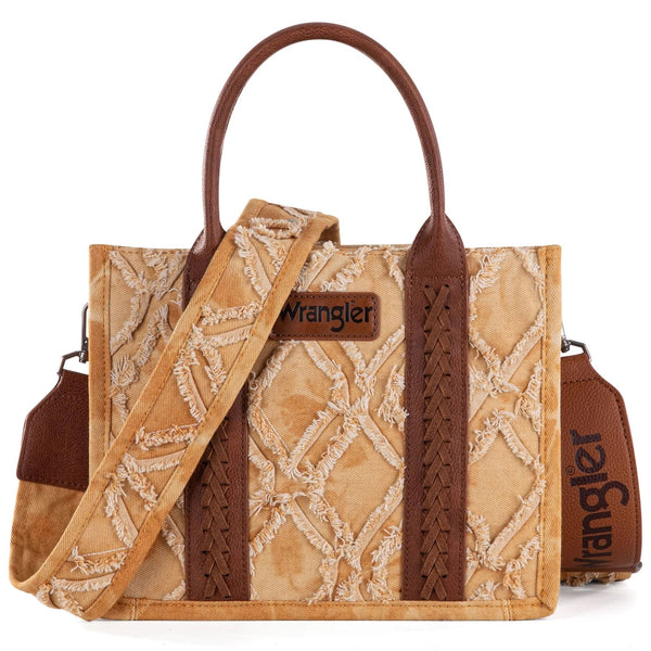 Wrangler Denim Denim Frayed Fringe Canvas Tote/Crossbody - Brown - Broken horn