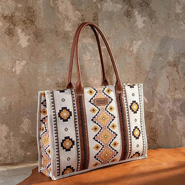 Wrangler Southwestern Pattern Dual Sided Print Canvas Wide Tote Coffee - Broken horn
