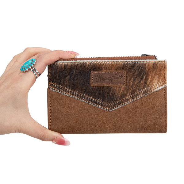 Wrangler Genuine Hair-On Cowhide Card Holder Bi-Fold Wallet - Broken horn