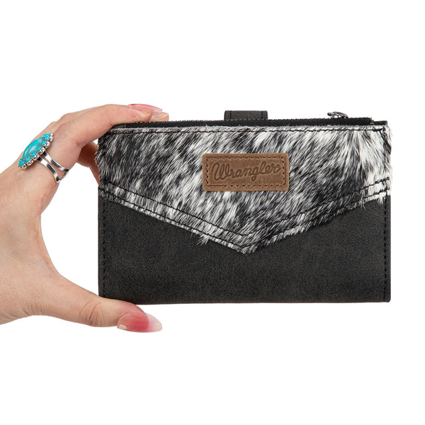 Wrangler Genuine Hair-On Cowhide Card Holder Bi-Fold Wallet - Broken horn