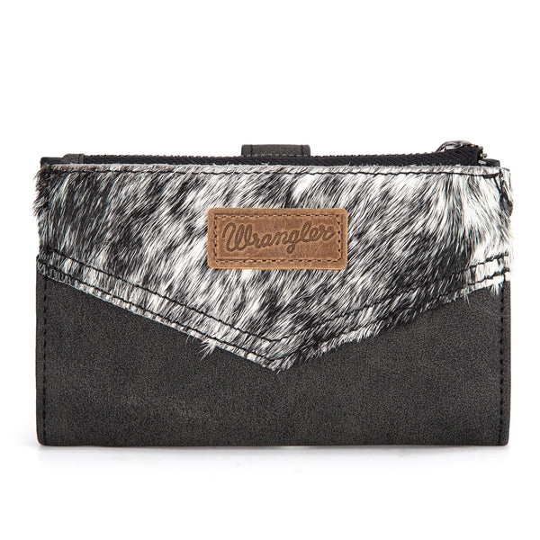 Wrangler Genuine Hair-On Cowhide Card Holder Bi-Fold Wallet - Broken horn