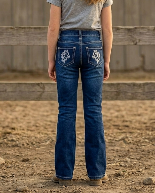 Girls Western Basic Jeans with Dark Wash - Broken horn