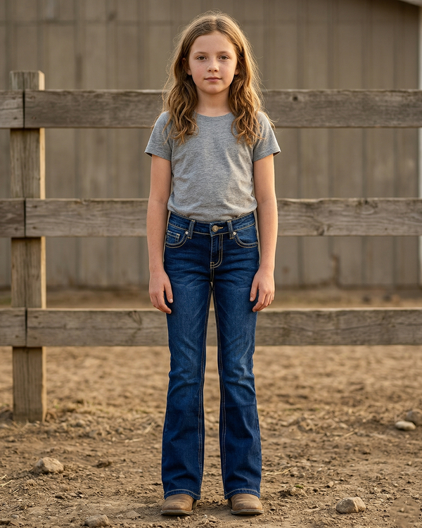 Girls Western Basic Jeans with Dark Wash - Broken horn