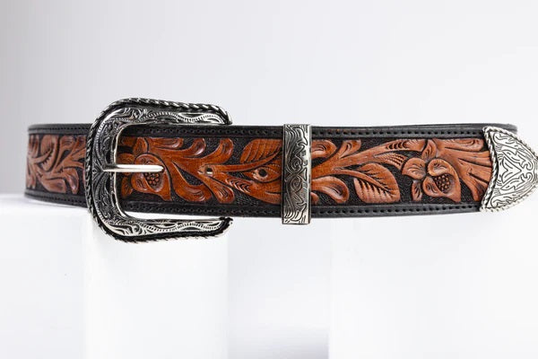 Cinturon Cincelado Floral Capullo Chedron Somreado 1 3/4" Hebilla Texana Zamak - Broken horn