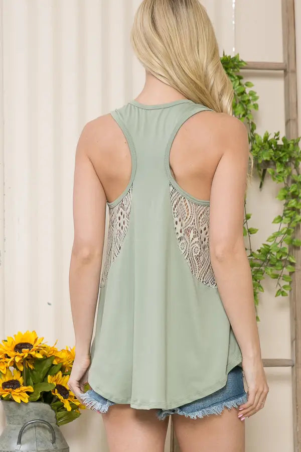 V-Neck Sleeveless Top With Side Lace Detail - Sage
