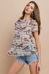 Western Horse Stables Print Mesh Casual Tee - Broken horn