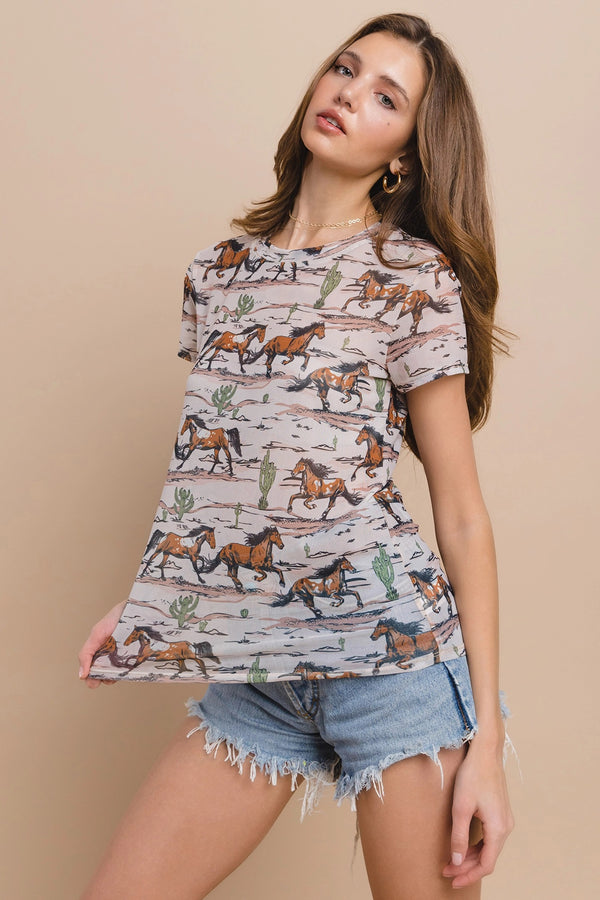 Western Horse Stables Print Mesh Casual Tee - Broken horn