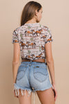 Western Horse Stables Print Mesh Casual Tee - Broken horn