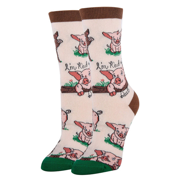 Pig Deal | Women's Novelty Cotton Crew Socks - Broken horn