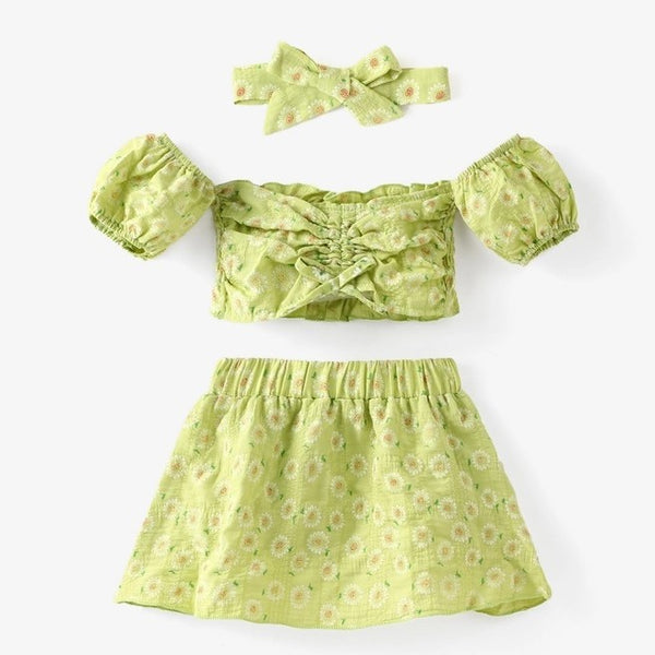 3 pc Baby Girl Floral Crop Top, Skirt, Headband - Broken horn