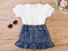 2pc Toddler Girl Puff Sleeve T-Shirt,with Denim Skirt Dress Set - Broken horn