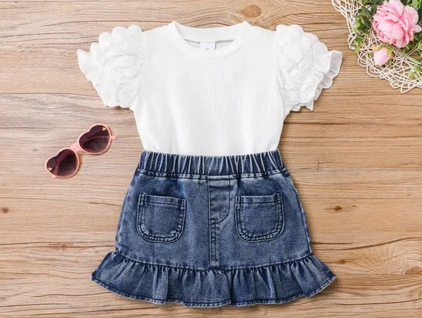 2pc Toddler Girl Puff Sleeve T-Shirt,with Denim Skirt Dress Set - Broken horn