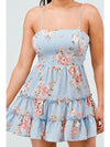 Floral Print Fit And Flare Ruffled Mini Dress - Light Blue