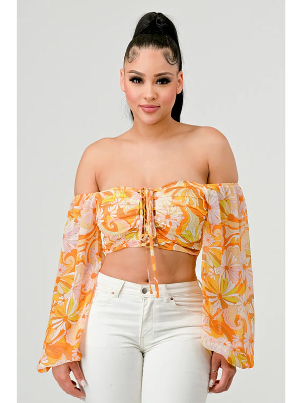 Floral Marble Print Smocked Off Shoulder Crop Top - Yellow - Broken horn