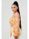 Floral Marble Print Smocked Off Shoulder Crop Top - Yellow - Broken horn