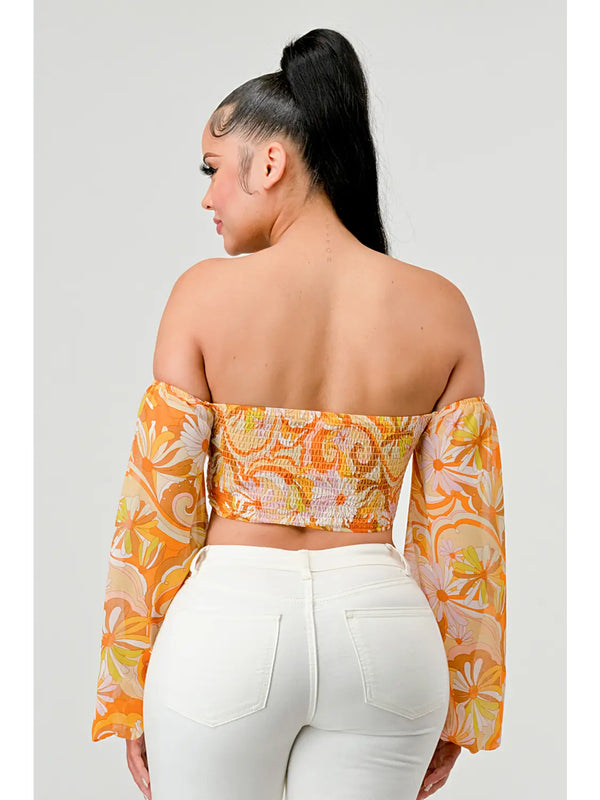 Floral Marble Print Smocked Off Shoulder Crop Top - Yellow - Broken horn
